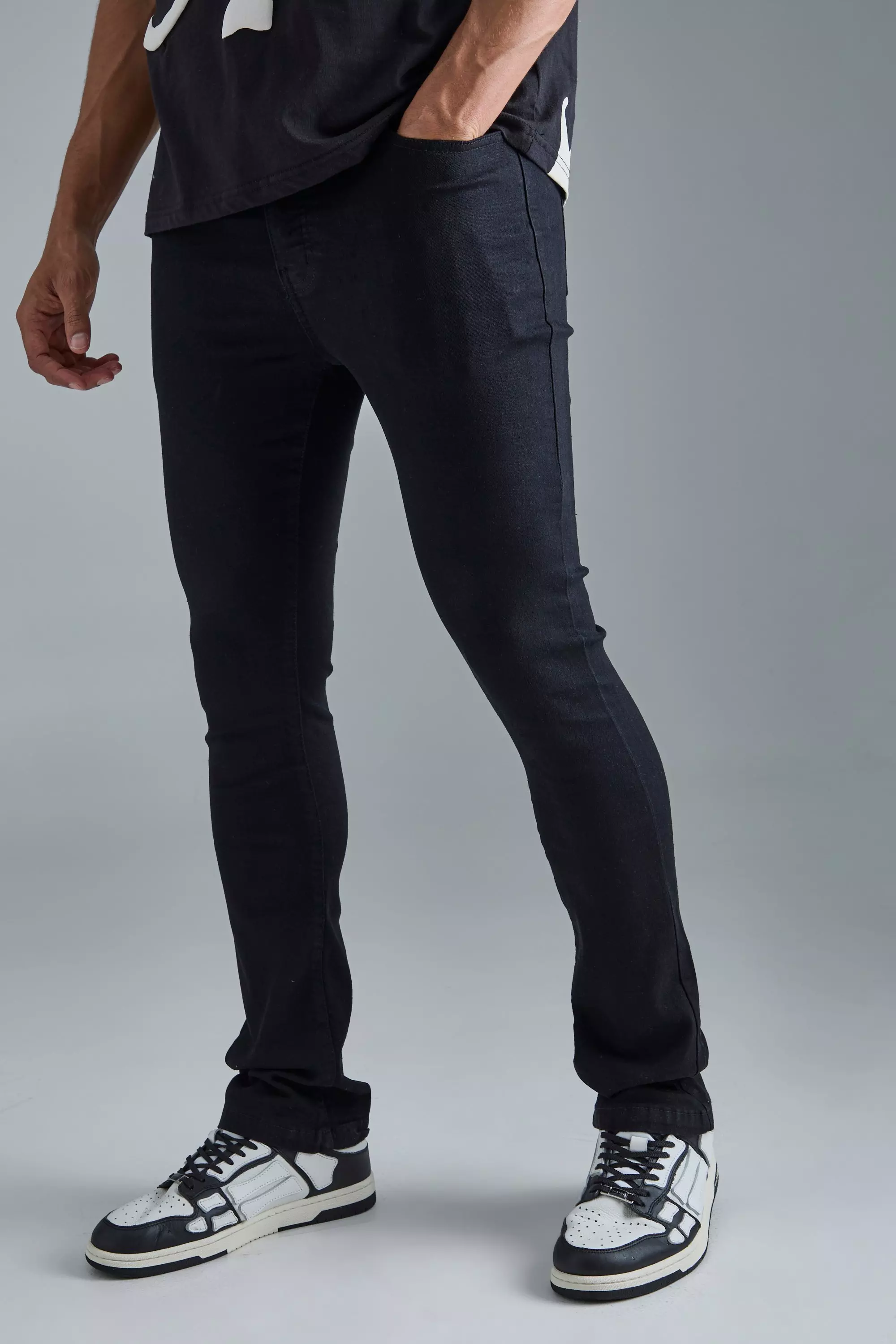 Skinny Stretch Flare Jeans In True Black boohooMAN UK